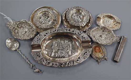 Two pierced repousse silver nut dishes, a silver dish, two Dutch white metal dishes and six other plated items.